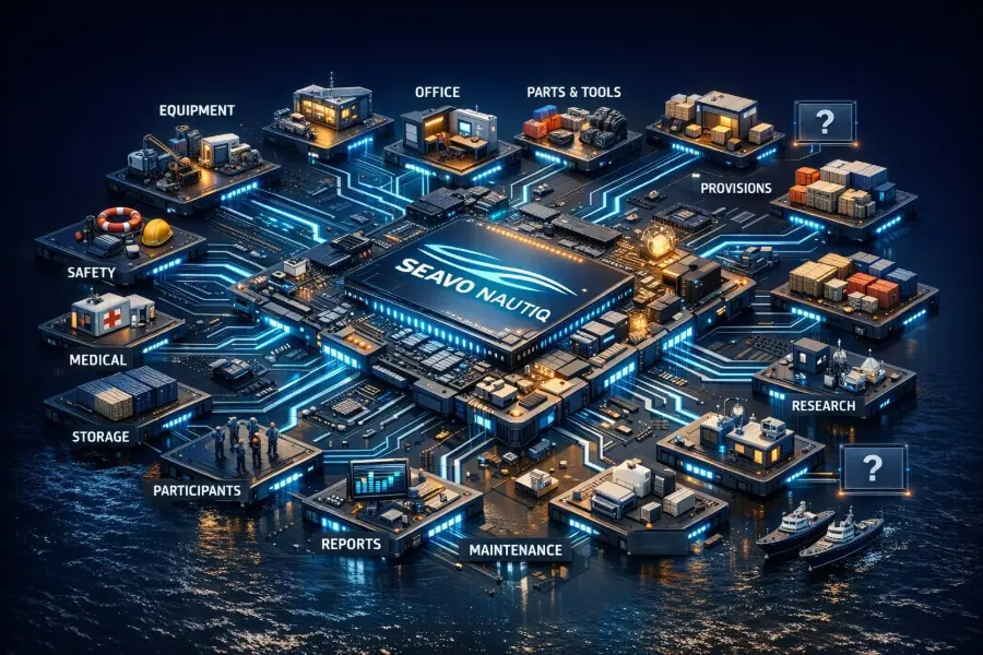The Seavo Nautiq platform as a circuit board, with modules such as Equipment, Office, Provisions, Safety and Maintenance connected around it